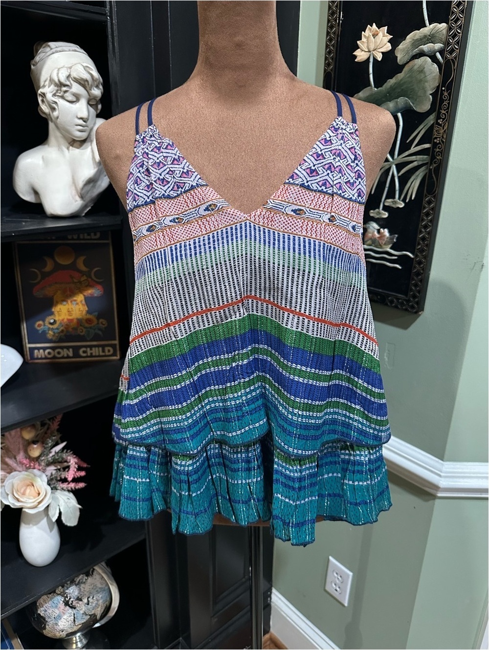 Maeve by Anthropologie “Betsy” Shimmer Multi‑Print Swing Tank – Size XS